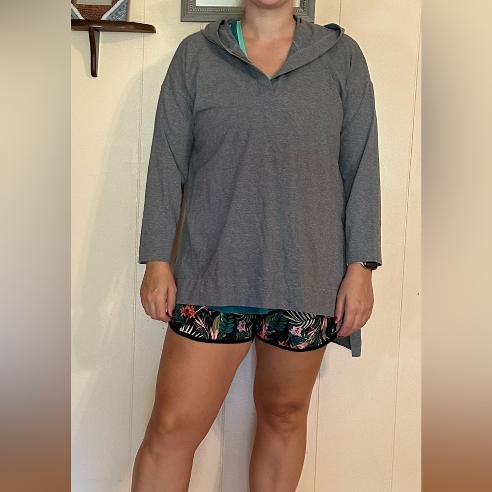 Eileen fisher large gray 1/4 button hooded split seam high low tunic cotton